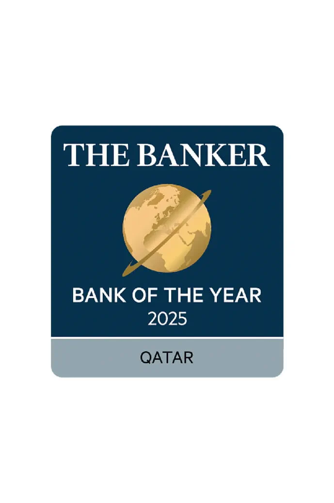 Award graphic stating Bank of the Year in Qatar 2025.