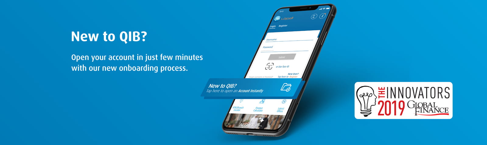Home banner showing banking app feature screens.
