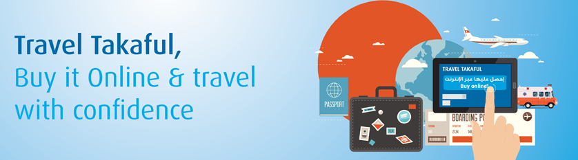 Banner promoting travel takaful insurance product.