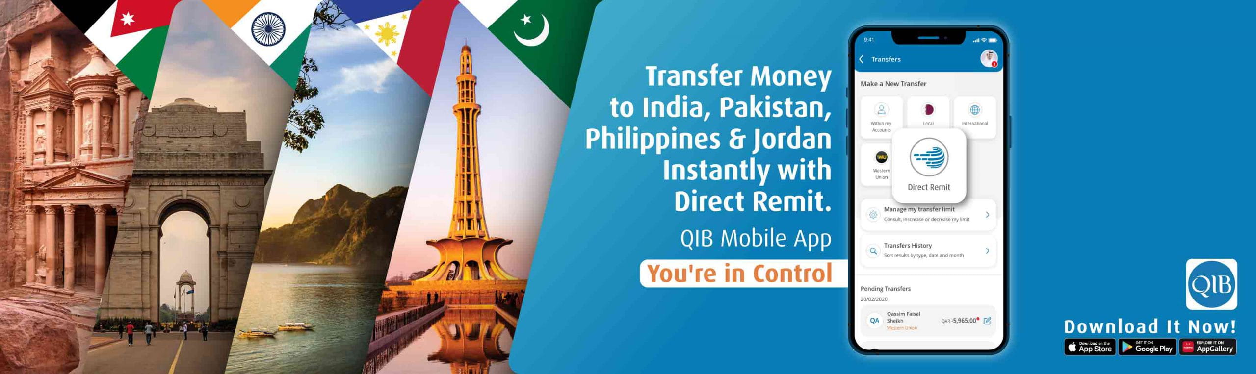 Promotional banner listing international money transfer destinations with landmark images.