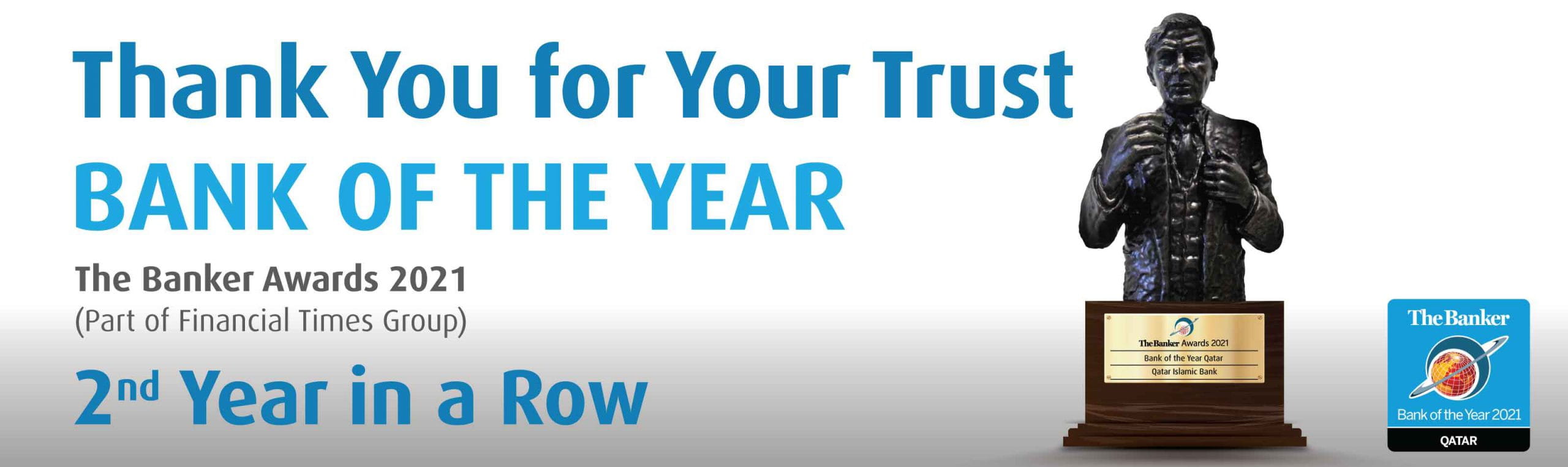 Recognition banner thanking customers and announcing bank of the year award.