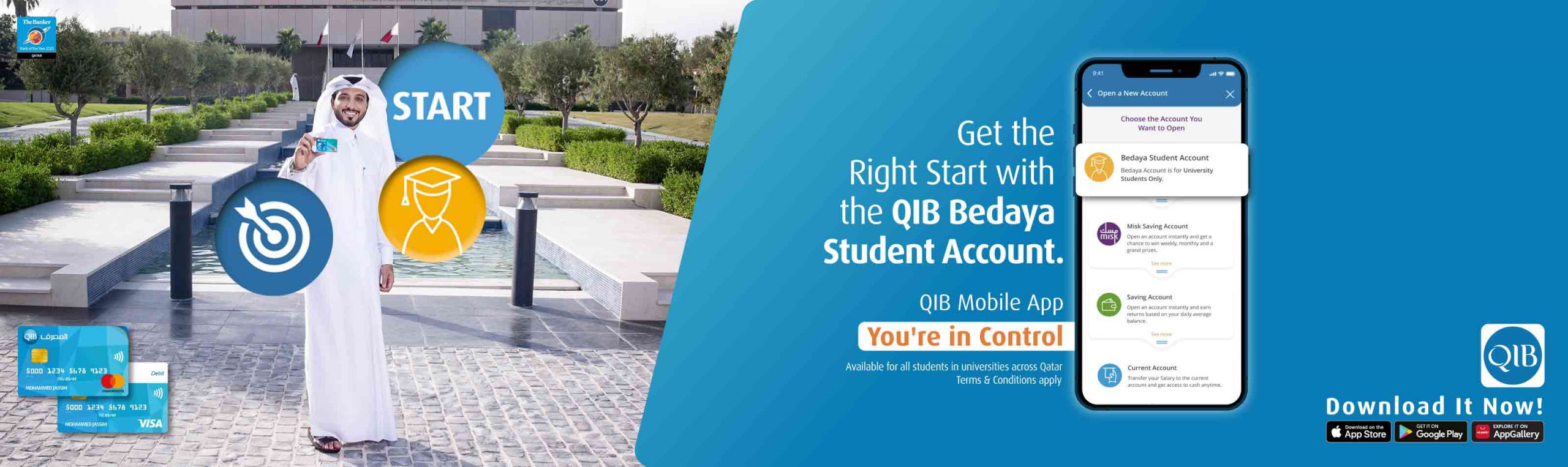 Home banner promoting Bedaya student account with headline, eligibility note, and open account call to action.