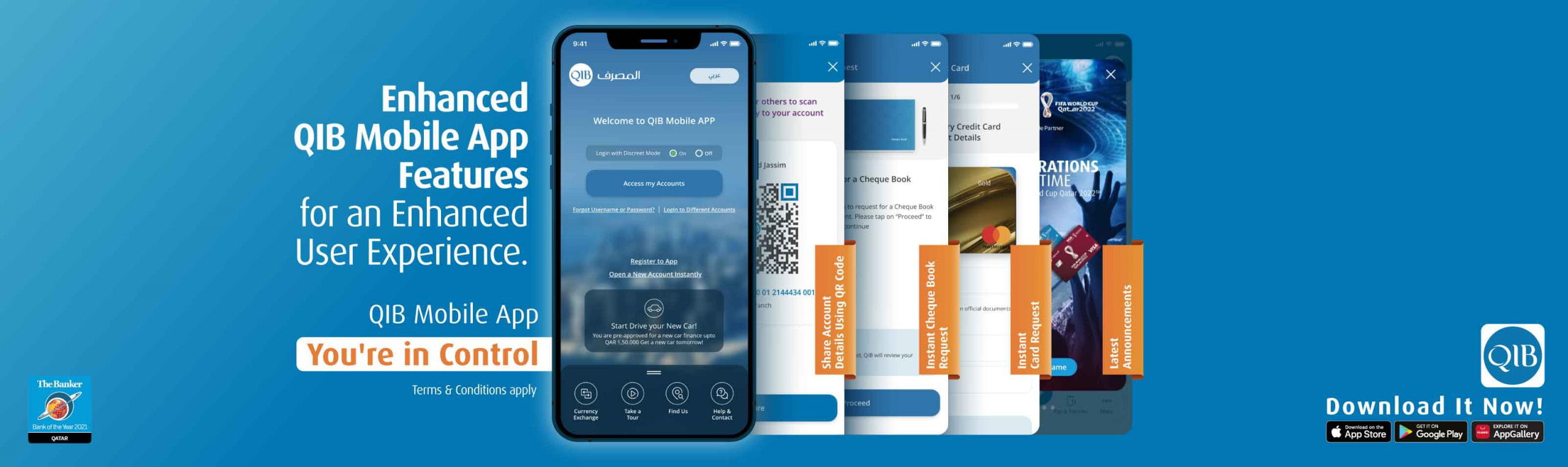 Home banner summarising enhanced mobile application features with key actions listed.
