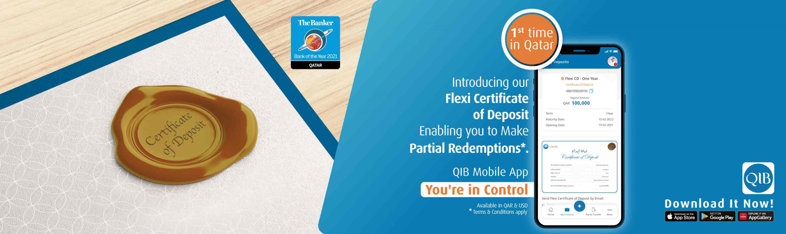 Home banner promoting flexible certificate of deposit with partial redemption feature.