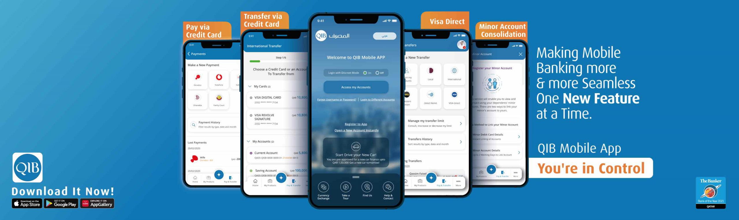Home screen presenting transfer and payment features with shortcuts.