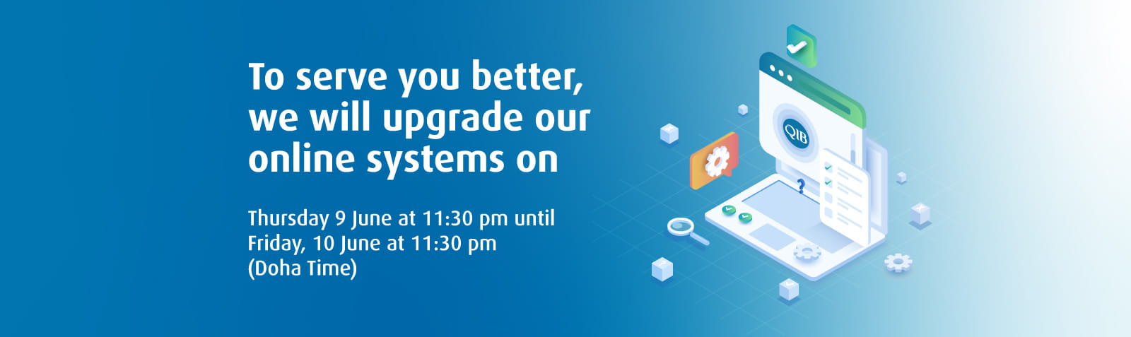 Home banner announcing scheduled system upgrade with date and time.