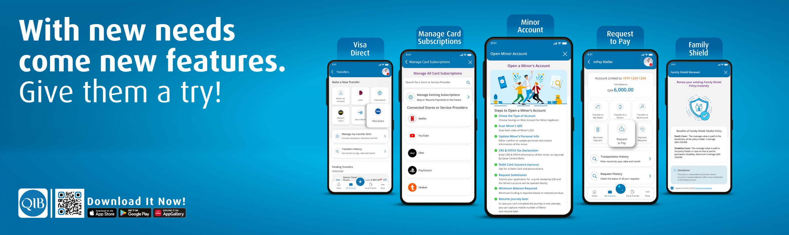 Home banner summarising mobile application features with icons and headline.