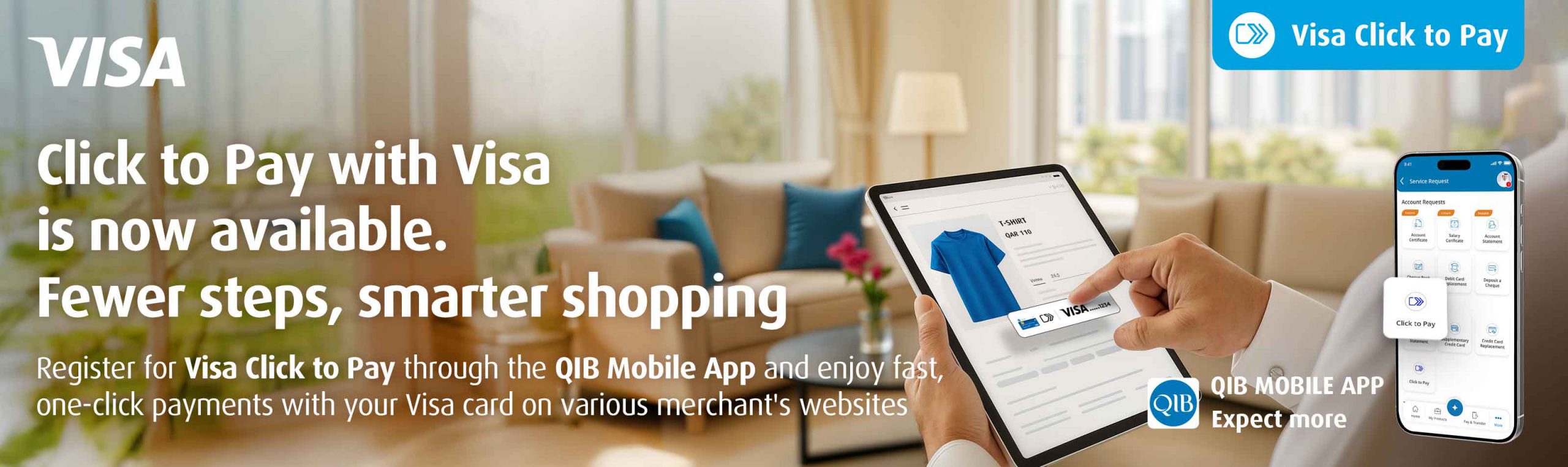 Home banner promoting click to pay service with one-step payments