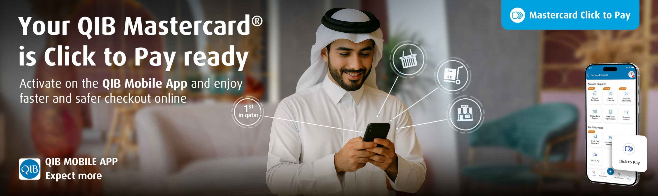 Banner promoting Click to Pay with descriptive campaign text and messaging.