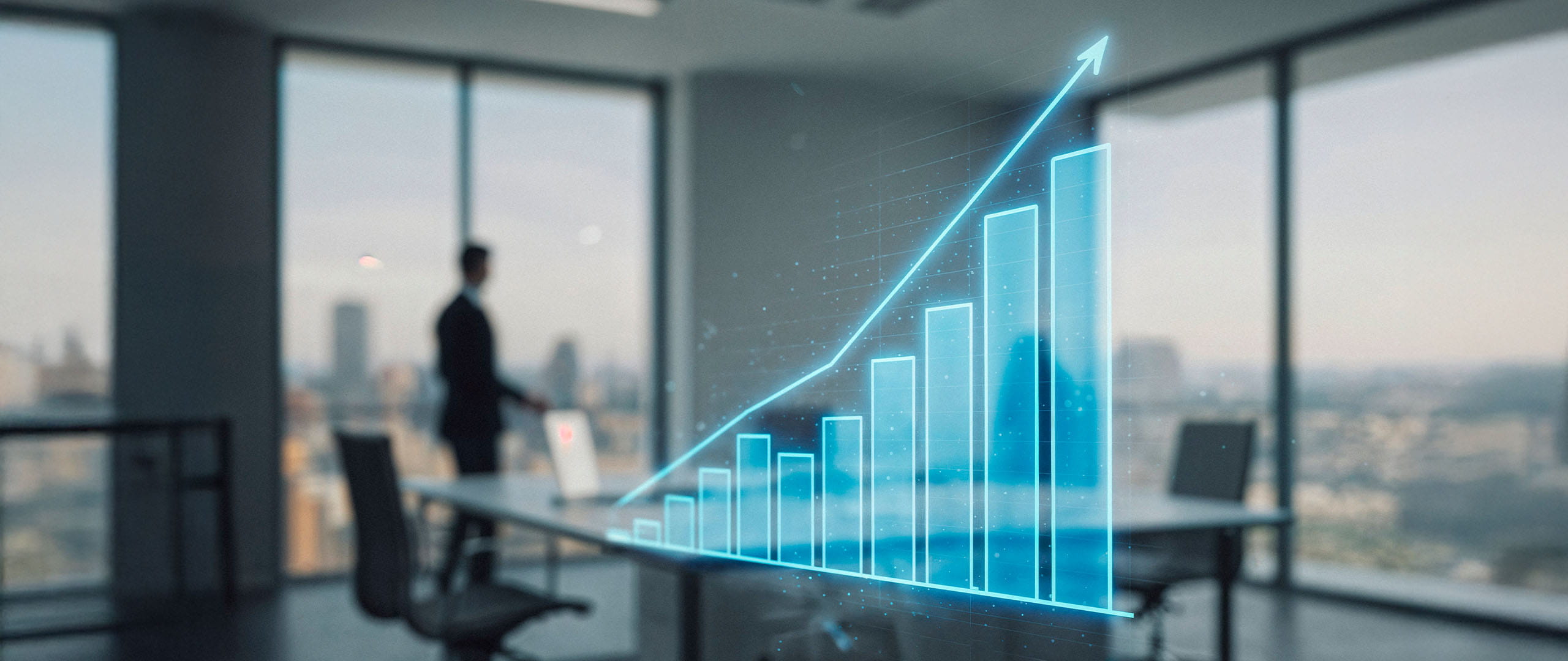 Rising bar chart visual over office background representing business growth analysis.