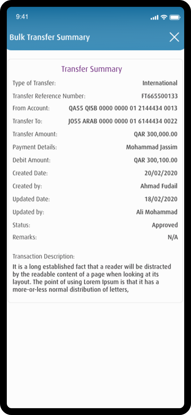 Bulk transfer summary screen showing reference number, source and beneficiary accounts, amount, date, status, and description.