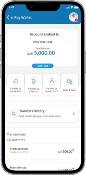 صورة من التطبيق لمحفظة mPay الرقمية تعرض الحساب المرتبط بالمحفظة والرصيد المتبقي، وخيارات التحويل، الدفع، وسجل العمليات.