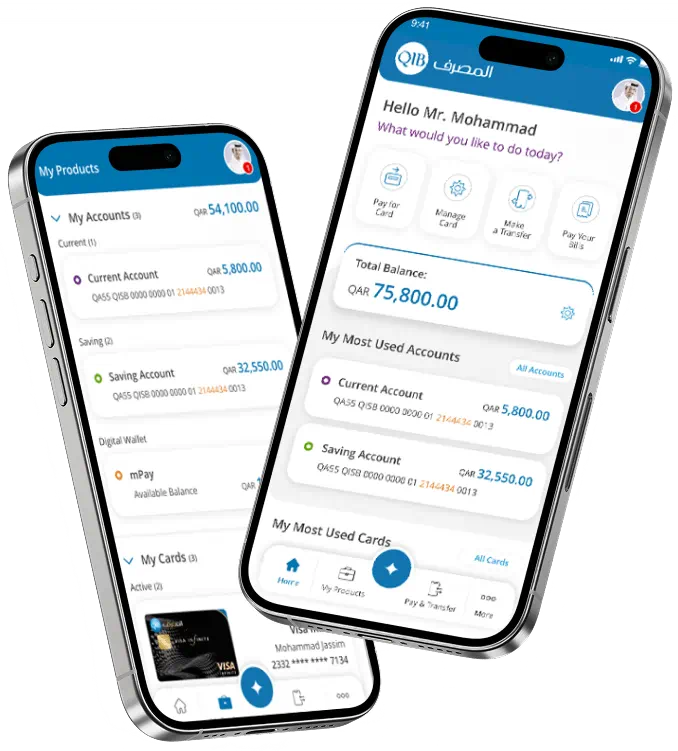 Smartphone displaying QIB Mobile App with account details, cards, and payment features.