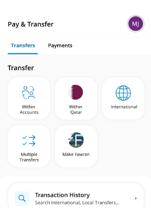 Image of the pay & transfer screen from the QIB Corporate App 