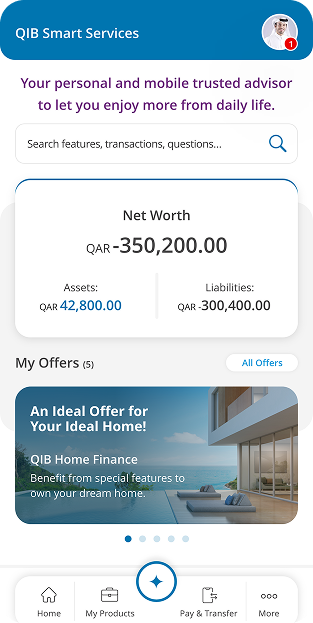 Products screen listing accounts, cards, balances, and expandable sections.