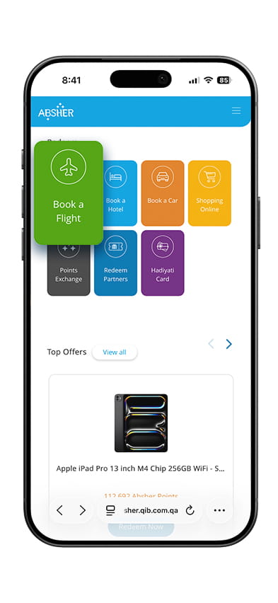 ABSHER portal screen showing options to book flight, hotel, car, shop online, and view offers and points.
