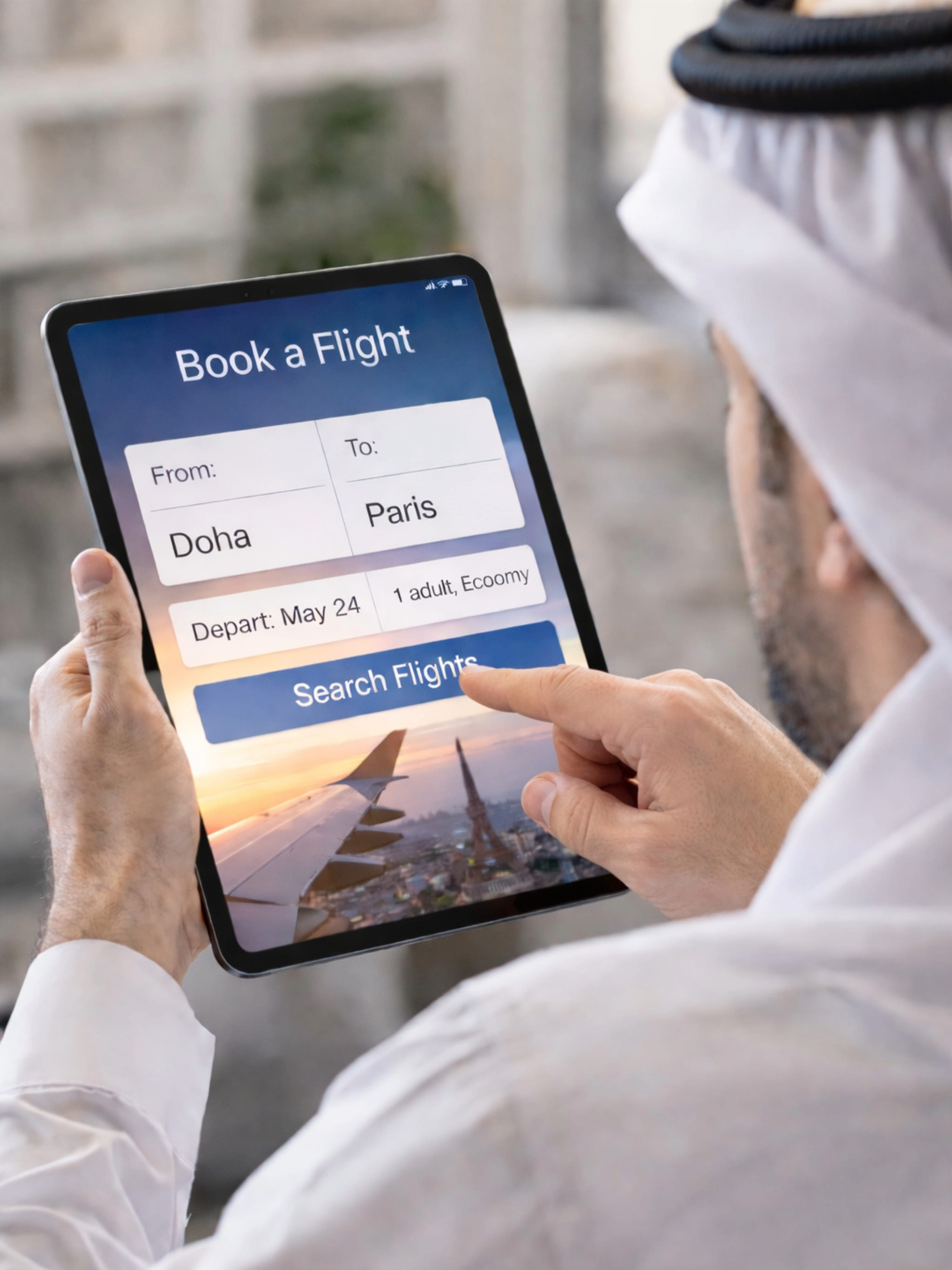 Person using a tablet to book flights through the QIB mobile banking app.