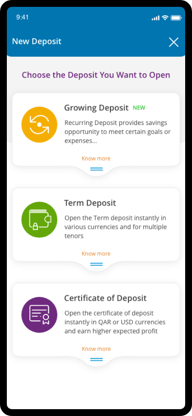 QIB app screen displaying menu options under ‘Apply for Products’ to open a new deposit account.
