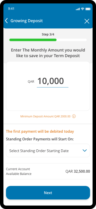 QIB app page showing fields to choose deposit term, currency, and the monthly amount to save.