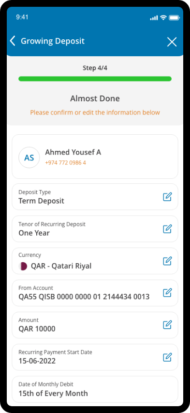 QIB app confirmation screen where users review details, accept terms, and activate the deposit account.