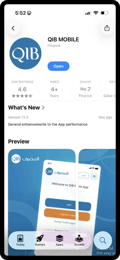 Smartphone showing the QIB Mobile App download page.