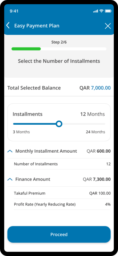 Easy payment plan screen showing installment selection, amounts, fees, and proceed button.