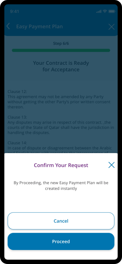 Confirmation screen showing contract summary, terms text, and proceed and cancel buttons.