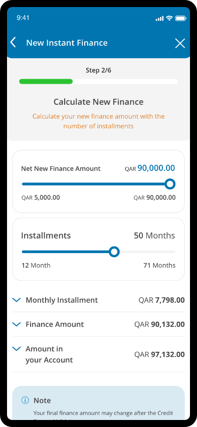 Finance calculation screen showing amounts, installments, and monthly payment.