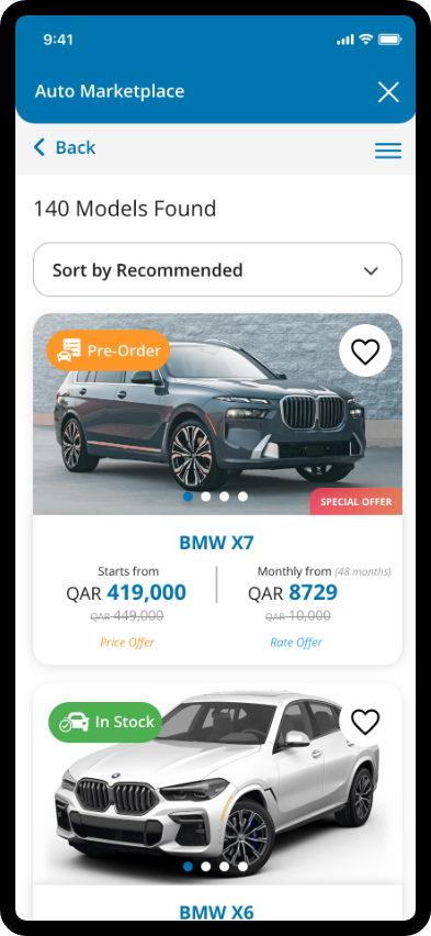 QIB Auto Marketplace screen displaying car brands and models available for selection.