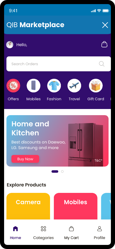 QIB Mobile App on a smartphone showcasing QIB Marketplace and its features.