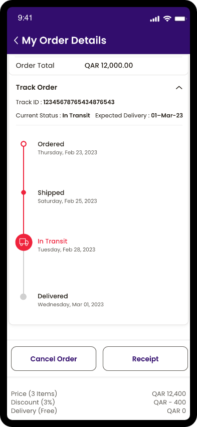 Order details screen showing order total, tracking status, timeline, and actions.
