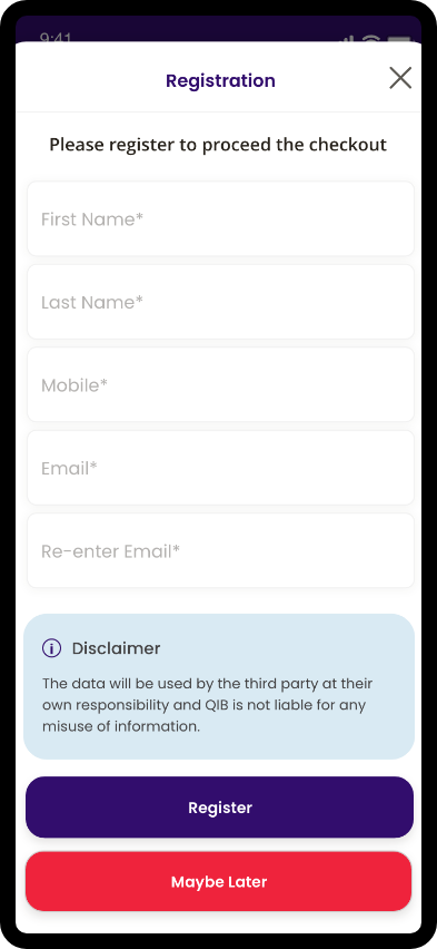 Checkout registration screen showing form fields, disclaimer, and register button.