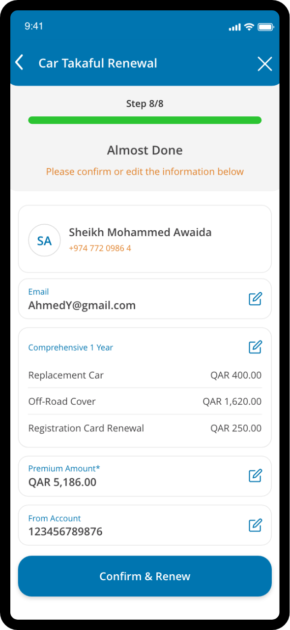 Auto takaful renewal summary screen showing selected covers, premium amount, account details, and confirm button.