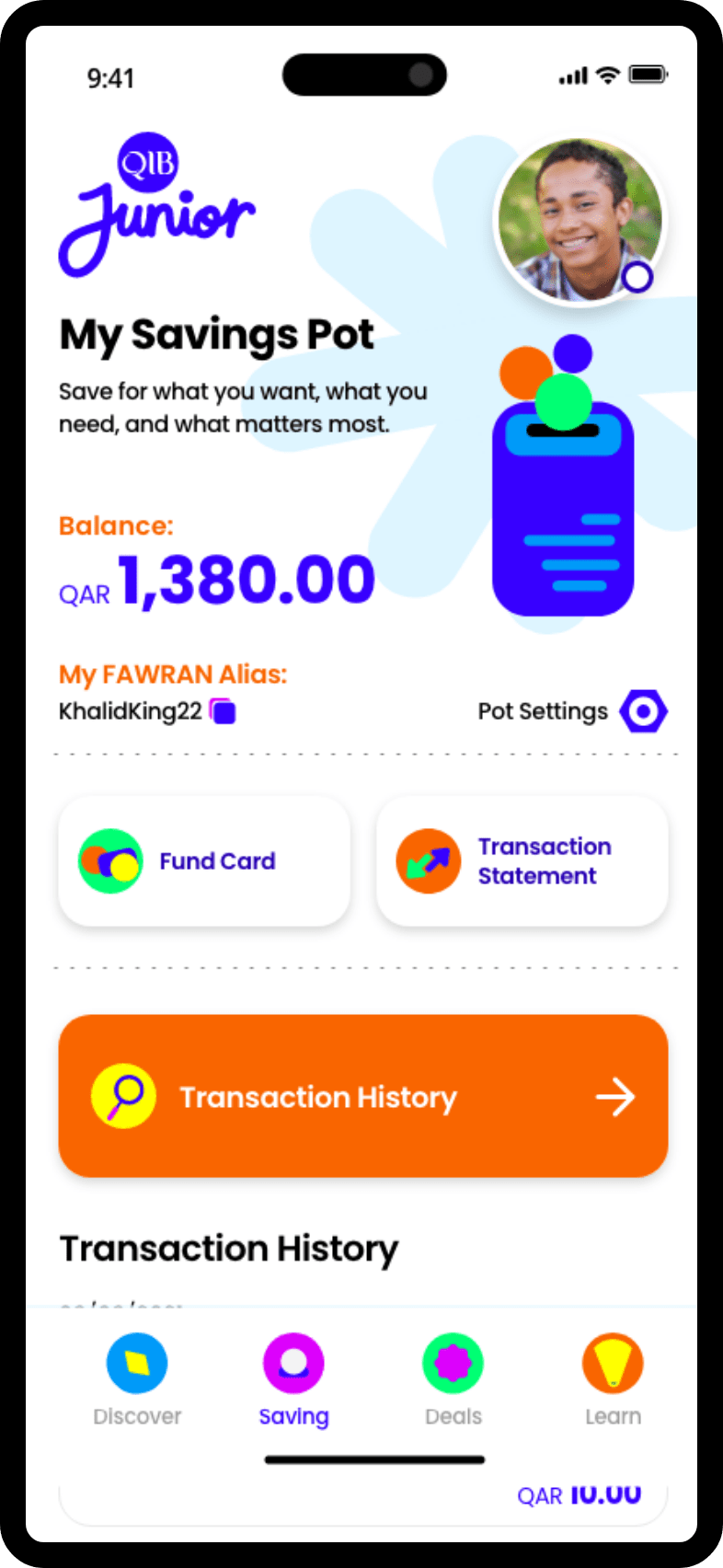Mobile app screen showing Fawran alias sharing with balance details and quick sharing options.