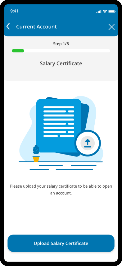 QIB app screen displaying account type selection and document upload options.