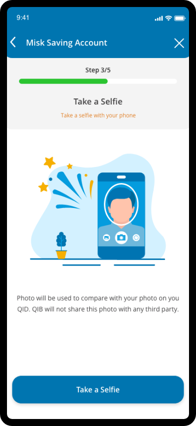 QIB app screen prompting the user to capture a selfie and provide an electronic signature.