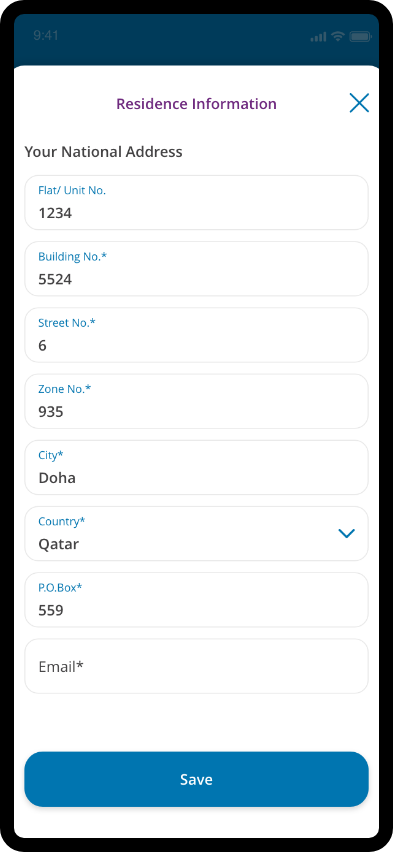 QIB app form screen requesting personal and contact details for account creation.