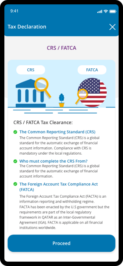 QIB app screen asking the user to complete tax declaration details before finalizing onboarding.