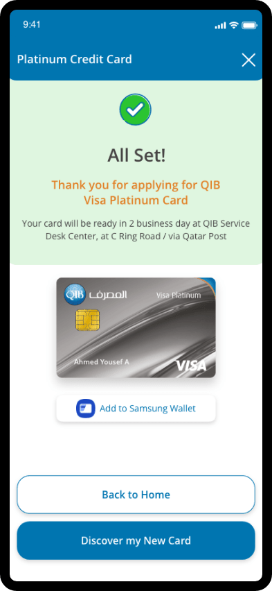 QIB Mobile App screen showing card selection and the option to add the card to Samsung Wallet.