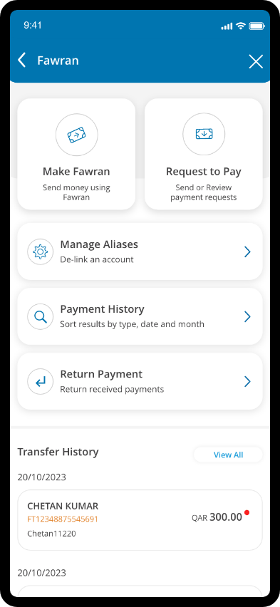 Fawran payments dashboard showing send money, request payment, manage aliases, and recent transaction list.