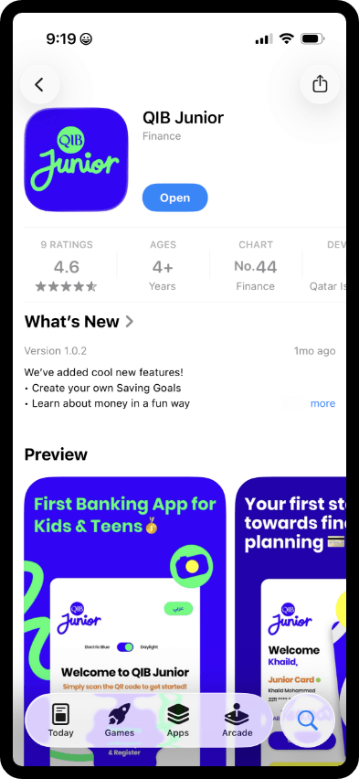 Mobile view of QIB banking App with balance overview and quick access buttons.