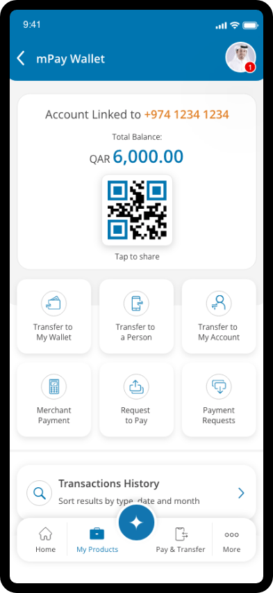 mPay transfer screen showing wallet-to-wallet money transfer option with QR code and quick action buttons.