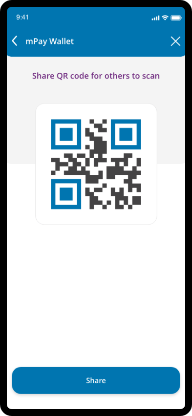 mPay screen displaying a large QR code for quick and convenient digital payments.
