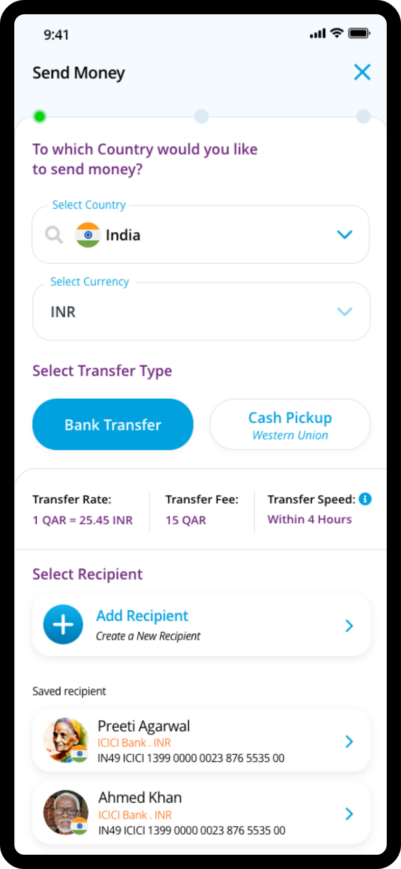 Mobile app screen for instant international transfers with recipient list and transfer status.