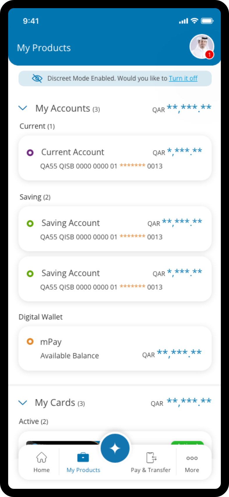 Mobile app screen showing discreet mode settings to hide balances and sensitive account details.