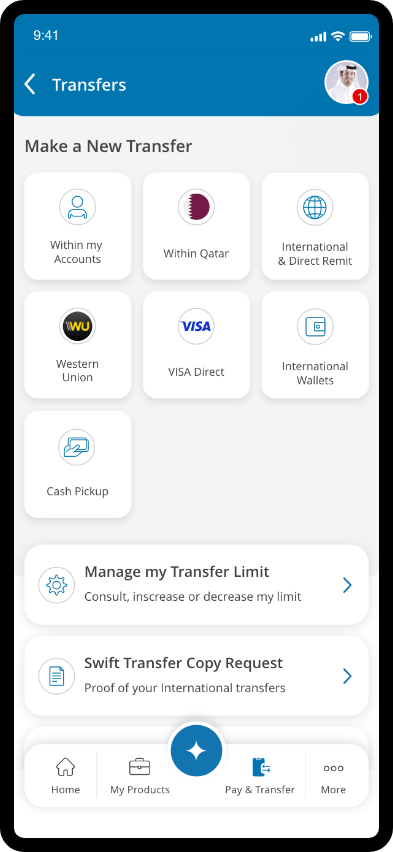 Account dashboard showing balances and navigation options for transfers and payments.