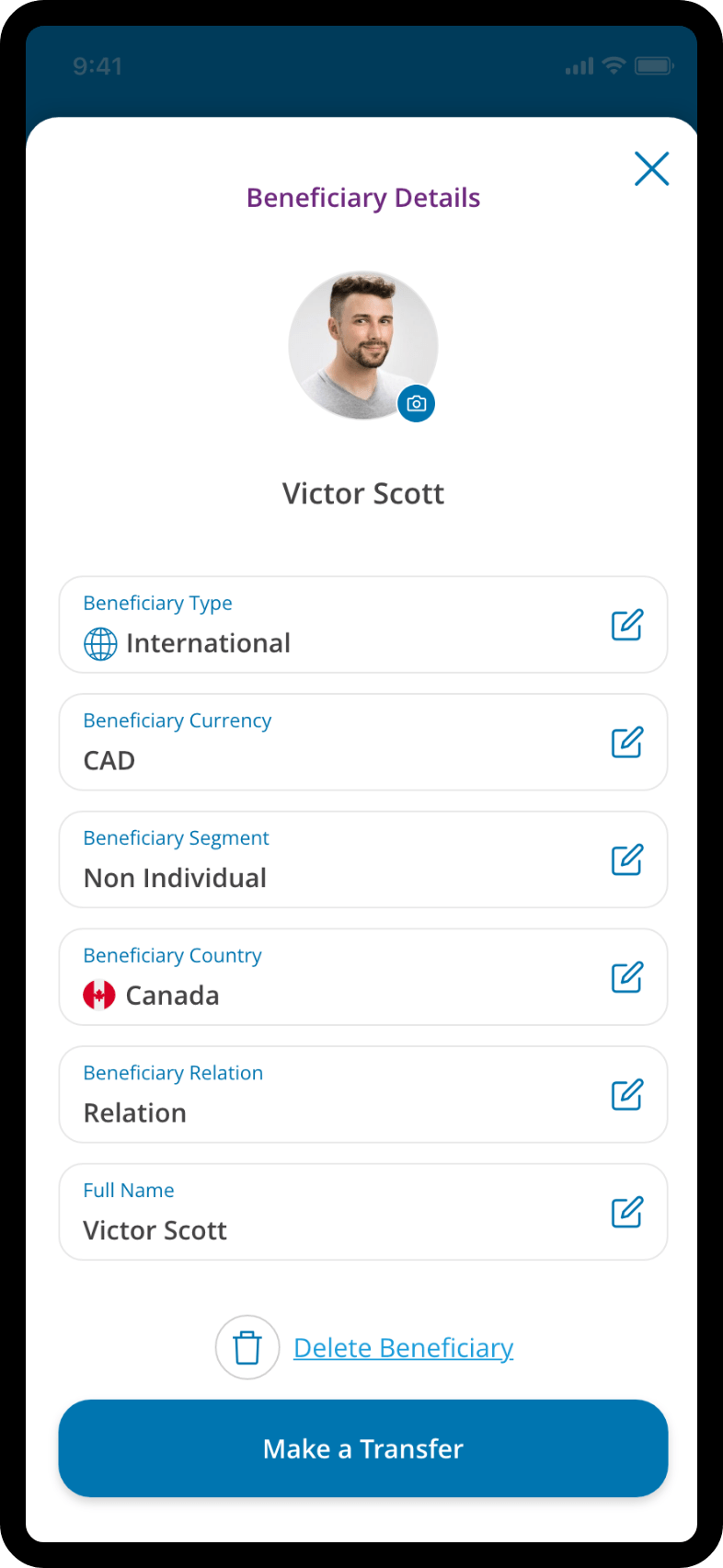 Funds transfer confirmation screen showing beneficiary details and submit action.