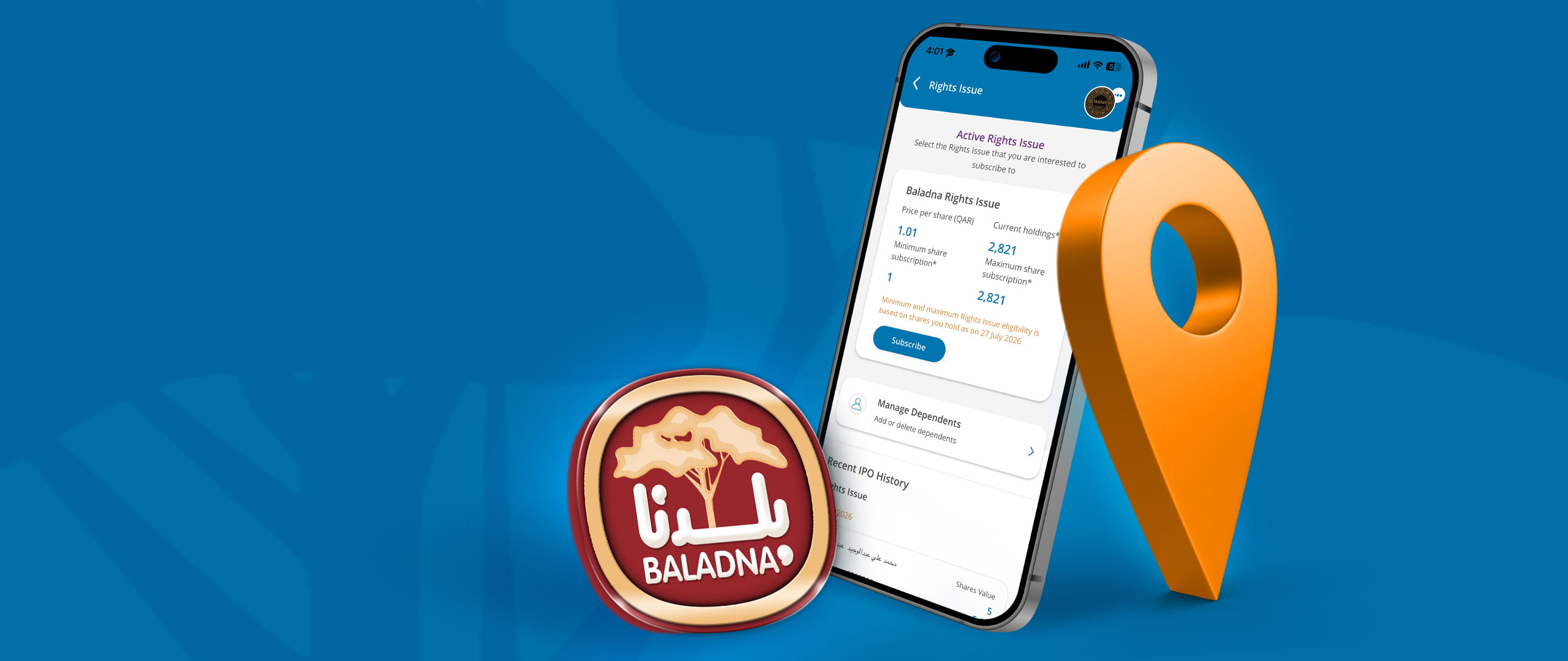 Baladna Rights Issue subscription available through the QIB Mobile App and selected QIB branches